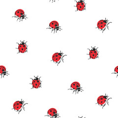Vector seamless pattern with cute ladybugs isolated on white. Hand drawn endless texture with ladybirds in sketch style.