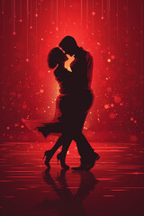 Silhouette von einem tanzenden Paar auf rotem Hintergrund. Hochkant. Hochformat. Generative Ai.

