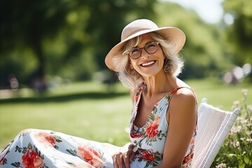 beautiful senior woman in hat and sunglasses sitting in chair in park