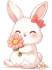 Obraz na płótnie Canvas Cute rabbit holding flower isolated on transparent background. PNG
