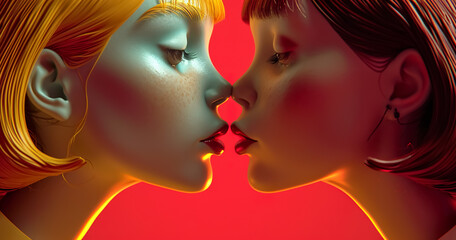 seductive portrait of two young beautiful women with red lips kissing, sexy female lesbian couple kiss, closeup studio shot
