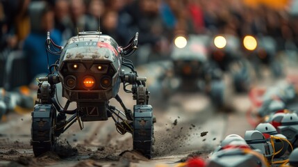 A robust robot leading an off-road rally race, with blurred competitors in the background, highlighting the thrill of robotic competitions.