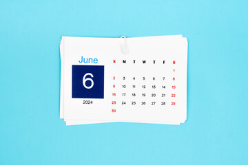 June Calendar 2024 page on blue.