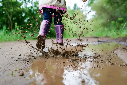 child in rain boots splashing in a mud puddle