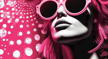 portrait of young woman fashion model in sunglasses on pink background, in style of pop art