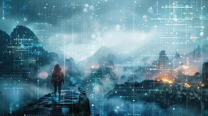 Cybersecurity battles in quantum realms robotics among ancient Egypt ruins under rainy weather in misty fog forests and mountains - obrazy, fototapety, plakaty