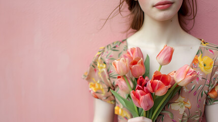 Obraz na płótnie Canvas hand holding beautiful fresh pink and yellow tulips bouquet on light pink background.