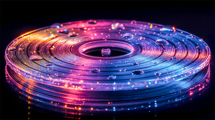 Fototapeta premium Sounds disk with a reflected light spectrum and water droplets on it. Sounds editing abstract background, isolated on background