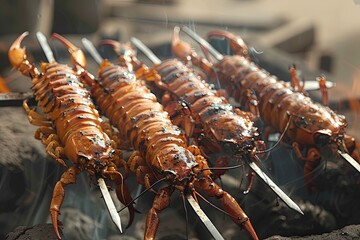 A bunch of scorpions are being grilled on a barbecue. The insects are turning a bright red color as...