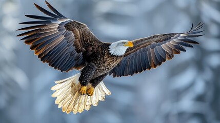 Obraz premium Majestic Bald Eagle in Flight: An awe-inspiring shot of a majestic bald eagle soaring gracefully against a backdrop of clear blue skies