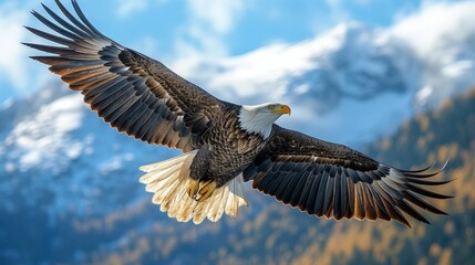 Obraz premium Majestic Bald Eagle in Flight: An awe-inspiring shot of a majestic bald eagle soaring gracefully against a backdrop of clear blue skies