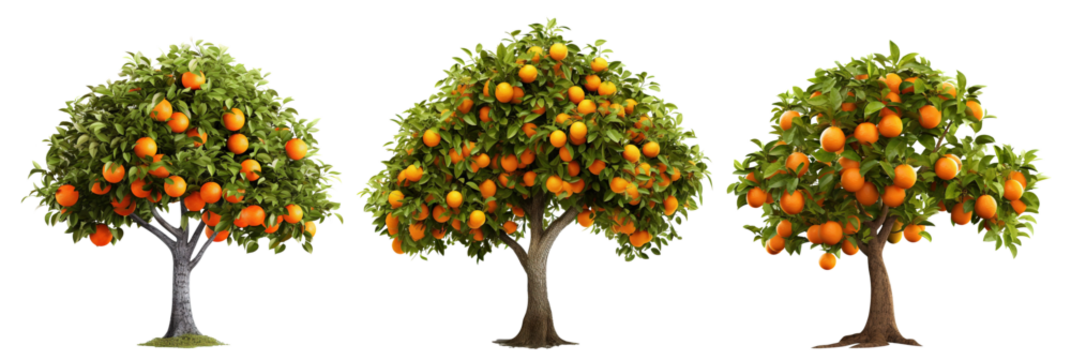 Set of orange trees with ripe delicious oranges, cut out