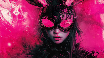 young woman in funny bunny pink mask, sexy female in rabbit with long ears costume