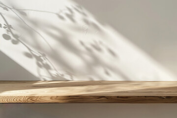 Long wooden shelf on the white wall with natural light and shadows coming from the window, space for product display.