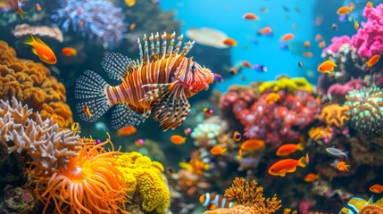 Fototapeta na wymiar Lionfish gracefully swim among vibrant corals in a captivating saltwater aquarium scene.