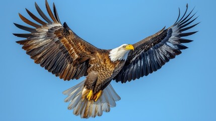 Majestic Bald Eagle in Flight: An awe-inspiring shot of a majestic bald eagle soaring gracefully against a backdrop of clear blue skies
