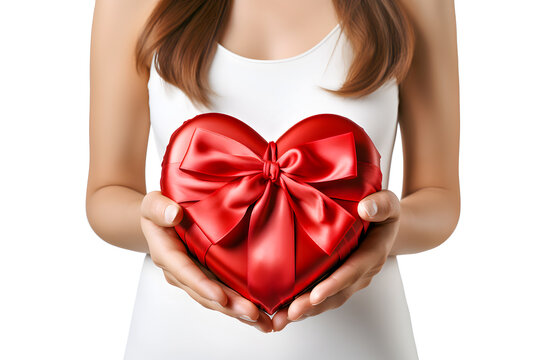 Female hands holding a heart-shaped gift. Generative AI.