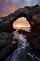 A stunning sunset through a natural rocky arch over a serene ocean, illuminating the waves and rocks with warm light, ai generative