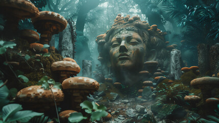 Giant statue of a woman's head in a jungle with mushrooms around and tall trees in the background -...