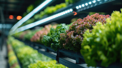An innovative indoor vertical farm with rows of lush leafy greens thriving under the glow of LED grow lights, sustainable farming practice, agricultural technology of hydroponics, organic produce - obrazy, fototapety, plakaty