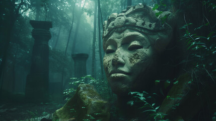 Mysterious ancient ruins with a carved big stone head of a goddess engulfed in a foggy forest, illuminated by ethereal light filtering through the dense foliage
