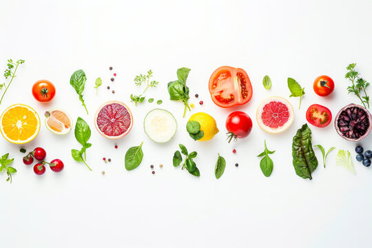 Array of colorful fresh vegetables and fruits arranged in a flat lay.