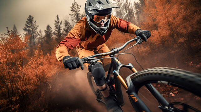 A person in protective gear mountain biking through a forest, kicking up dust amidst autumn foliage, ai generative