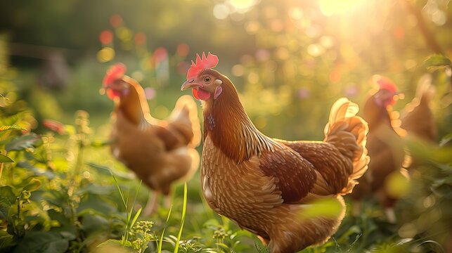 Chicken with light brown feathers in the garden, Hen in the farm. sunlight. natural light.