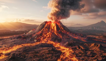 Gordijnen Volcanic landscape with erupting volcano, spewing magma and smoke, with rivers of lava cascading down the slopes at sunset. Epic geology wallpaper capturing a natural disaster © Domingo