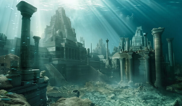 Sunken city with intricate architectural designs, a pyramyd with columns and stairs illuminated by light rays penetrating the clear water, creating a mystical atmosphere - Myth of Atlantis