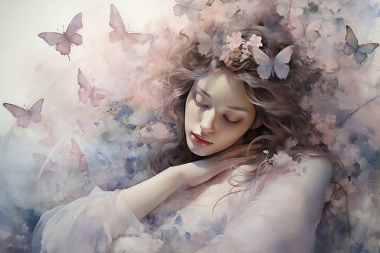 Fantastic and dreamy spring background. A beautiful blonde girl with her eyes closed, dreaming. Cherry blossom trees and butterflies. Illustration with a dreamy atmosphere. Watercolor with an oriental