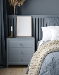 Fototapety  Frame mockup in cozy dark blue bedroom interior, 3d render