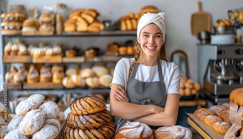 Wall mural Young woman standing in bakery shop, small business owner, copy space for text placement