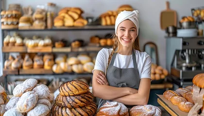 Fotobehang Young woman standing in bakery shop, small business owner, copy space for text placement © Ilja