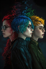 Naklejka premium group portrait of young beautiful women with dyed hairstyle, gen z female diversity, lgbt queer girls with colored hair