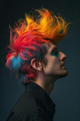 Fototapeta premium young handsome man with stylish and colorful dyed hair, casual gay guy with colored hairstyle, lgbtq and queer people concept