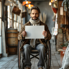 Disabled person in wheelchair holding mockup billboard for protest