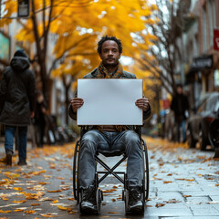 Disabled person in wheelchair holding mockup billboard for protest