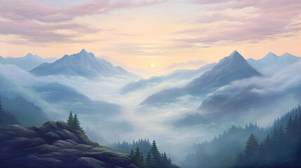 Breathtaking Dawn View from Mountaintop. Misty World Below and Soft Pastel Sky Hues at Daybreak wallpaper background