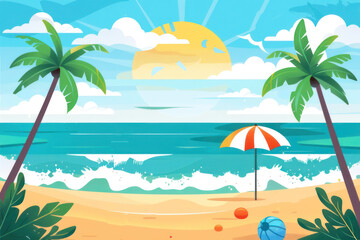 Fototapeta na wymiar Flat design beach scene simplistic style sandy shore palm trees clear blue sky background.
