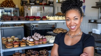 Confident young adult woman entrepreneur in bakery shop, successful small business owner thriving.