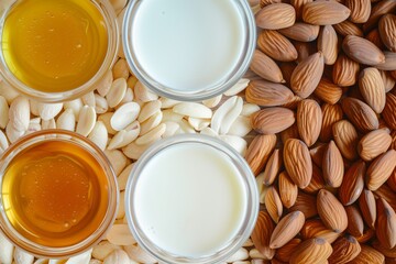 neat rows of almonds, milk, and honey ready for mask making - obrazy, fototapety, plakaty