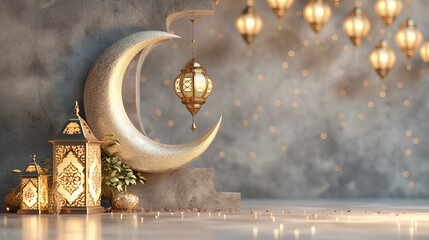 Ramadan greeting card of crescent moon decoration, copy space, generative ai