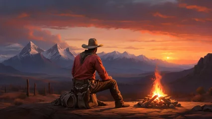 Wandcirkels tuinposter The western frontier with a cowboy resting by a campfire © AS Company