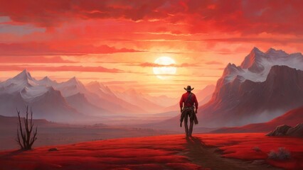 Fototapeta na wymiar Cowboy standing before a vivid red sky