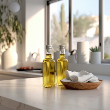 Serene Kitchen Scene With Two Bottles of Oil by Sunlit Window