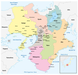 Administrative vector map of Japans Kansai region