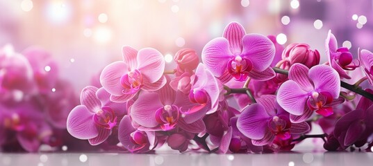 Elegant orchid bouquet with radiant beauty on blurred background, ideal for text placement.