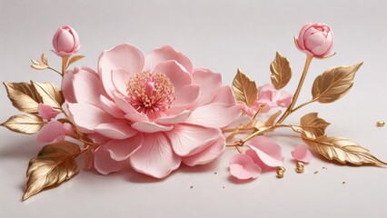 3D flowers pink flower with gold leaves on white background