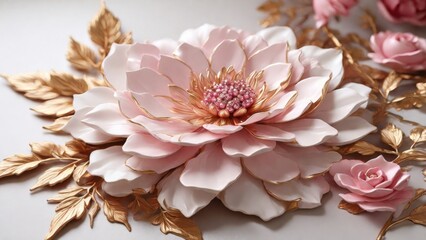 3D flowers pink flower with gold leaves on white background